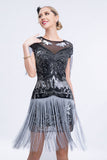 Schwarz Grau Pailletten 20er Gatsby Fransen Flapper Kleid