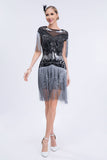 Schwarz Grau Pailletten 20er Gatsby Fransen Flapper Kleid