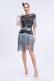 Schwarz Grau Pailletten 20er Gatsby Fransen Flapper Kleid