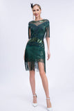 Schwarz Grau Pailletten 20er Gatsby Fransen Flapper Kleid