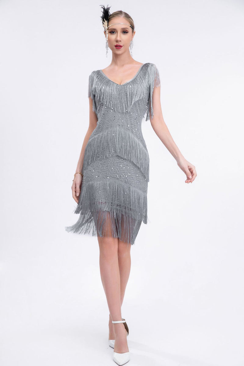 Laden Sie das Bild in den Galerie-Viewer, V-Ausschnitt Schwarz Perlen Roaring 20er Gatsby Fransen Flapper Kleid
