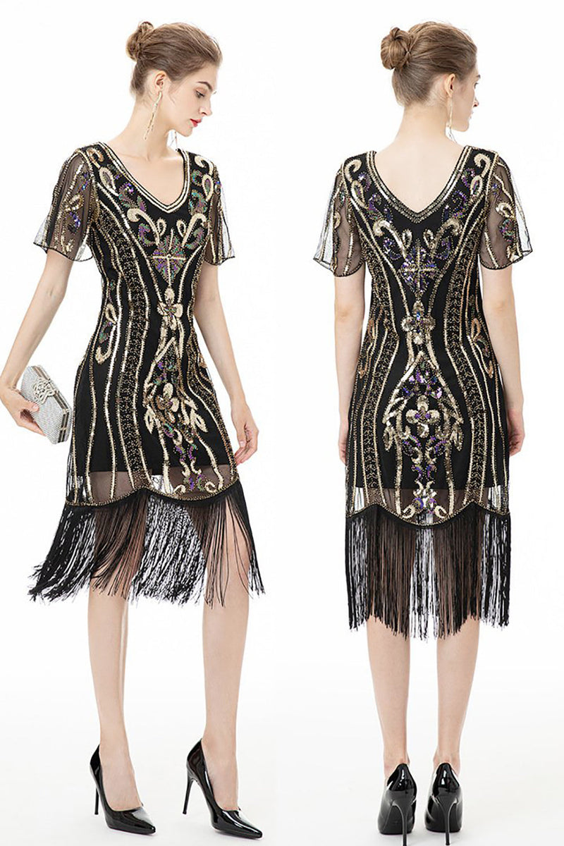 Laden Sie das Bild in den Galerie-Viewer, Glitzerndes Kleid aus den 1920er Jahren mit schwarzen Fransen und kurzen Ärmeln