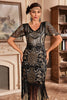 Laden Sie das Bild in den Galerie-Viewer, Schwarzes goldenes Gatsby Kleid mit V-Ausschnitt und Fransen aus den 1920er Jahren mit Pailletten