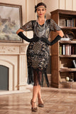 Schwarzes Champanger Kleid mit V-Ausschnitt und Fransen aus den 1920er Jahren mit Pailletten