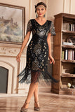 Schwarzes Champanger Kleid mit V-Ausschnitt und Fransen aus den 1920er Jahren mit Pailletten