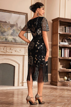 Schwarzes goldenes Gatsby Kleid mit V-Ausschnitt und Fransen aus den 1920er Jahren mit Pailletten