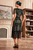 Laden Sie das Bild in den Galerie-Viewer, Schwarzes Champanger Kleid mit V-Ausschnitt und Fransen aus den 1920er Jahren mit Pailletten