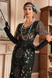 Schwarzes Champanger Kleid mit V-Ausschnitt und Fransen aus den 1920er Jahren mit Pailletten