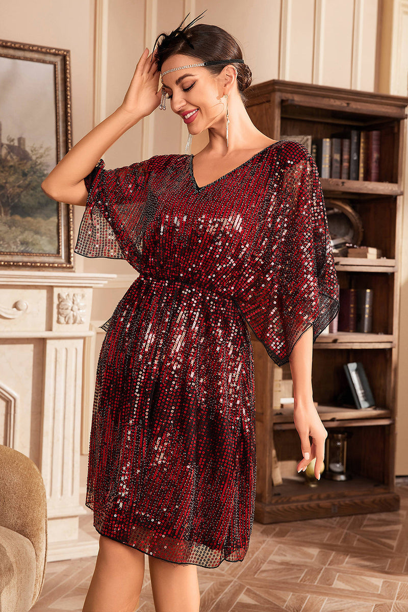 Laden Sie das Bild in den Galerie-Viewer, Rotes glitzerndes Kleid aus den 1920er Jahren mit Pailletten