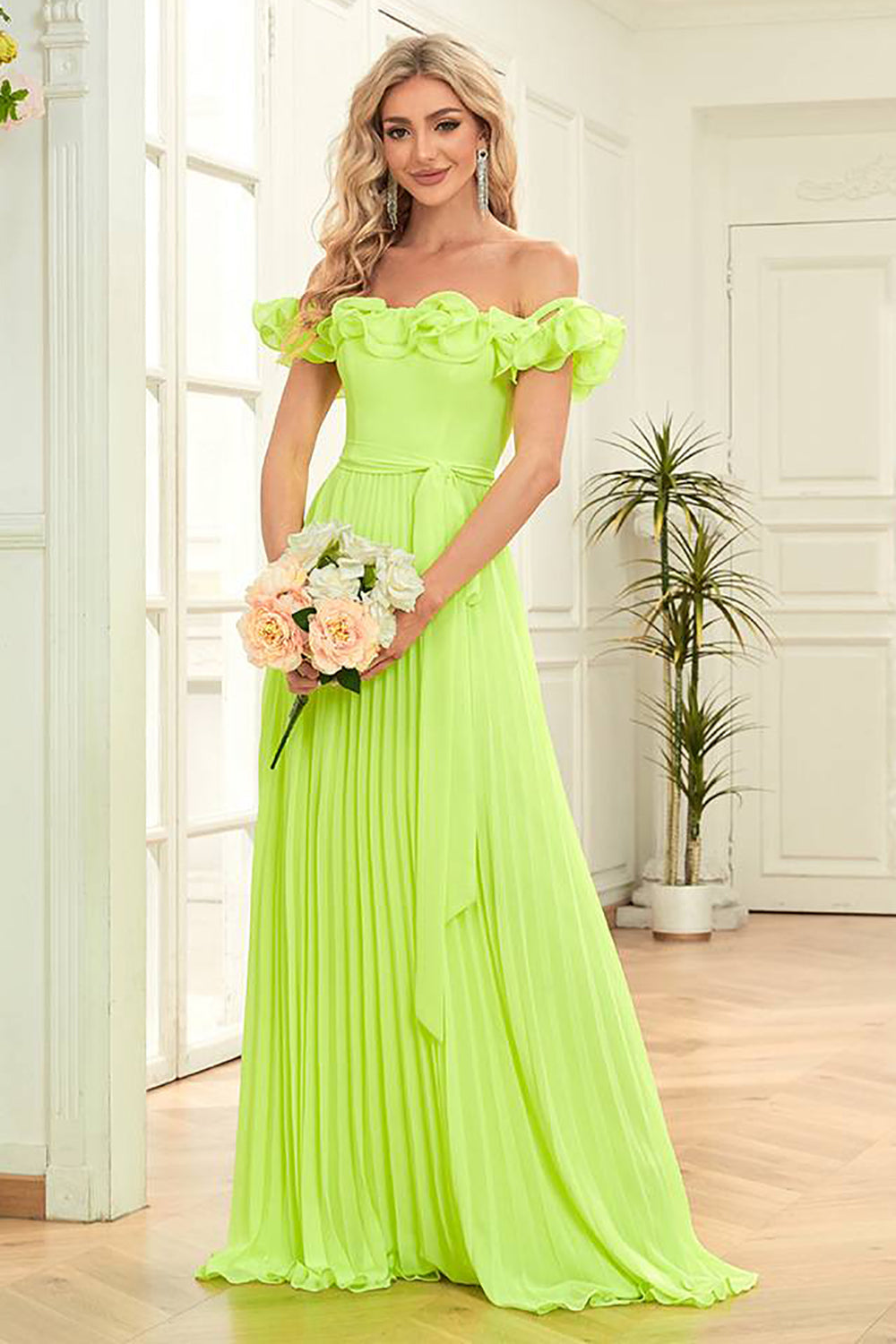 Schulterfreies grünes Abendkleid in A-Linie mit Plissee
