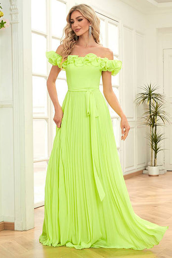Schulterfreies grünes Abendkleid in A-Linie mit Plissee