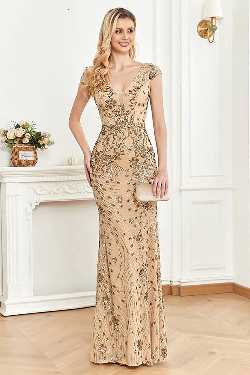 Laden Sie das Bild in den Galerie-Viewer, Perlen goldenes Etui Abendliches Kleid mit V-Ausschnitt