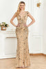 Laden Sie das Bild in den Galerie-Viewer, Perlen goldenes Etui Abendliches Kleid mit V-Ausschnitt