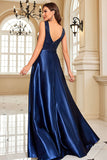 Marineblaues Abendkleid aus Satin in A-Linie mit Pailletten