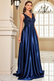 Marineblaues Abendkleid aus Satin in A-Linie mit Pailletten