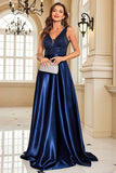 Marineblaues Abendkleid aus Satin in A-Linie mit Pailletten