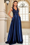 Marineblaues Abendkleid aus Satin in A-Linie mit Pailletten