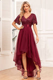 Burgunderrotes High-Low-Abendkleid in A-Linie mit Pailletten