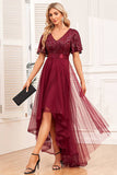 Burgunderrotes High-Low-Abendkleid in A-Linie mit Pailletten