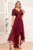 Burgunderrotes High-Low-Abendkleid in A-Linie mit Pailletten