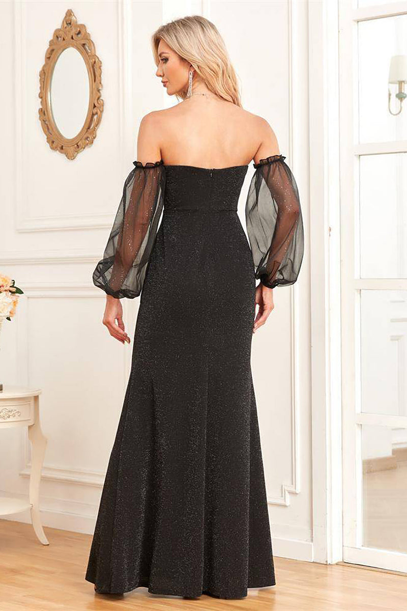 Laden Sie das Bild in den Galerie-Viewer, Abnehmbare Ärmel Schwarzes Etui funkelndes formelles Kleid