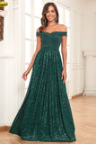 Schulterfreies dunkelgrünes Ballkleid in A-Linie mit Pailletten