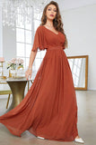 Ziegelrotes A-Linien-Kleid mit V-Ausschnitt und kurzen Ärmeln