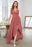 Korallenfarbenes asymmetrisches A-Linien-Neckholder-Ballkleid mit ärmellosen