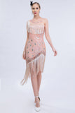 Funkelnd Blush Asymmetrisches Paillettenkleid mit Fransen aus den 1920er Jahren und Accessoires