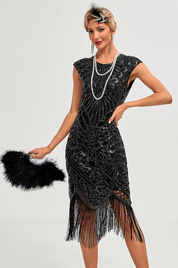 Glitzerndes schwarzes perlenbesetztes Gatsby Kleid mit Fransen aus den 1920er Jahren