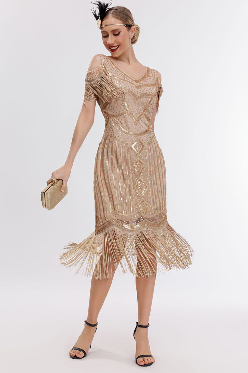 Laden Sie das Bild in den Galerie-Viewer, Schwarzes goldenes Gatsby-Kleid mit kalten Schulterfransen aus den 1920er Jahren