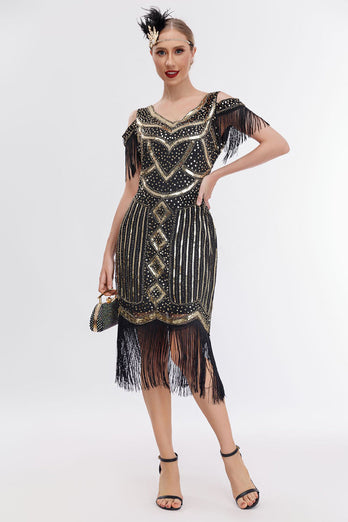 Schwarzes goldenes Gatsby-Kleid mit kalten Schulterfransen aus den 1920er Jahren