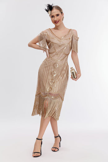 Schwarzes goldenes Gatsby-Kleid mit kalten Schulterfransen aus den 1920er Jahren