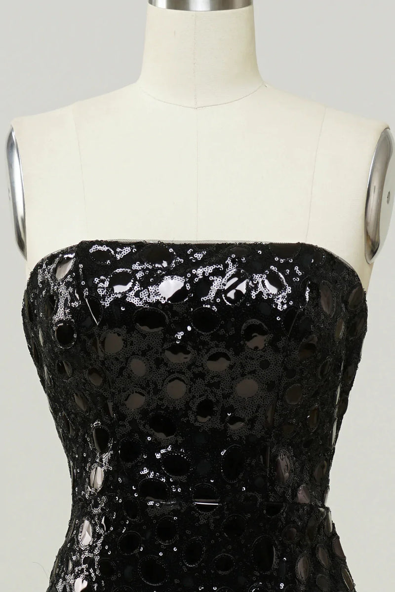 Laden Sie das Bild in den Galerie-Viewer, Schwarzes trägerloses Pailletten-Ballkleid der Meerjungfrau