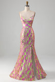 Pinkfarbenes, glitzerndes Meerjungfrauen-Ballkleid mit Schlitz