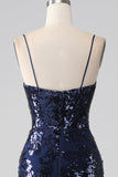 Schimmerndes Pailletten-Meerjungfrauen-Spaghettiträger-Ballkleid mit Schlitz