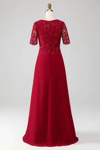 Burgunderrotes A-Line-Kleid mit funkelnden Pailletten aus Brautmutter mit Rundhalsausschnitt und Applikationen