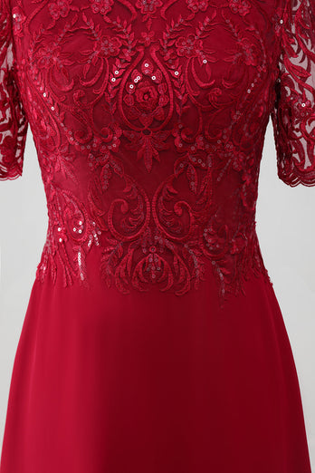 Burgunderrotes A-Line-Kleid mit funkelnden Pailletten aus Brautmutter mit Rundhalsausschnitt und Applikationen
