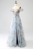Blaues bedrucktes Cold-Shoulder-Korsett-Ballkleid in A-Linie mit langem Korsett und Schlitz