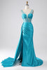 Laden Sie das Bild in den Galerie-Viewer, Türkisfarbenes Meerjungfrauen-Kleid mit V-Ausschnitt und Schleppe, Plisseekorsett, Perlen