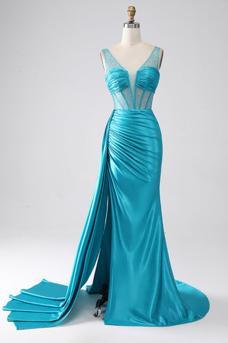 Türkisfarbenes Meerjungfrauen-Kleid mit V-Ausschnitt und Schleppe, Plisseekorsett, Perlen