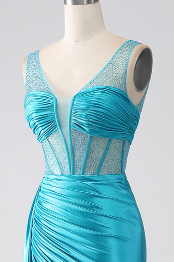 Türkisfarbenes Meerjungfrauen-Kleid mit V-Ausschnitt und Schleppe, Plisseekorsett, Perlen