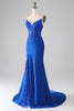 Laden Sie das Bild in den Galerie-Viewer, Königsblaues Meerjungfrauen-Kleid mit langen Perlen und Applikationen