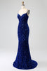Laden Sie das Bild in den Galerie-Viewer, Elegantes königsblaues Meerjungfrauen-Spaghettiträger-Samt-Pailletten-langes Ballkleid