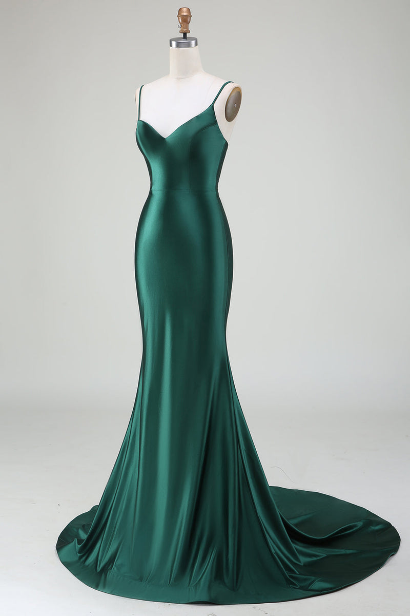 Laden Sie das Bild in den Galerie-Viewer, Dunkelgrünes Meerjungfrauen-Spaghettiträger-Kleid Sweep Train Prom Kleid