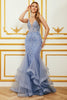 Laden Sie das Bild in den Galerie-Viewer, Meerjungfrauen-Spaghettiträger-Kleid mit perlenbesetztem Rücken und graublauem Ballkleid mit Applikationen