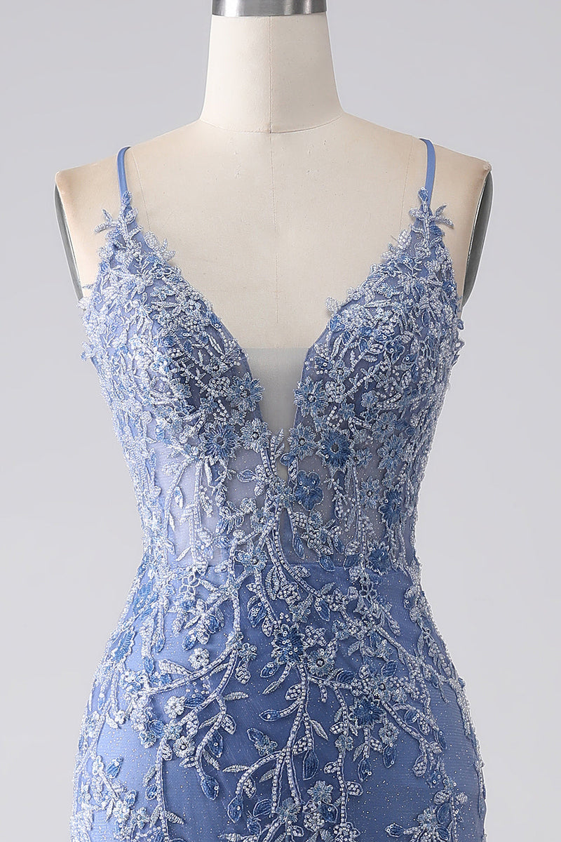 Laden Sie das Bild in den Galerie-Viewer, Graublaues Meerjungfrauen-Spaghettiträger-Kleid mit perlenbesetztem Rücken und Applikationen
