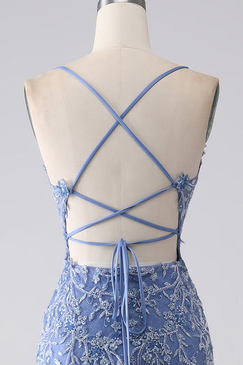 Graublaues Meerjungfrauen-Spaghettiträger-Kleid mit perlenbesetztem Rücken und Applikationen