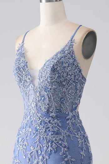 Graublaues Meerjungfrauen-Spaghettiträger-Kleid mit perlenbesetztem Rücken und Applikationen