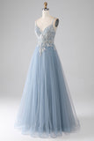 Graues blaues Spaghettiträger-glitzerndes Pailletten-langes Ballkleid